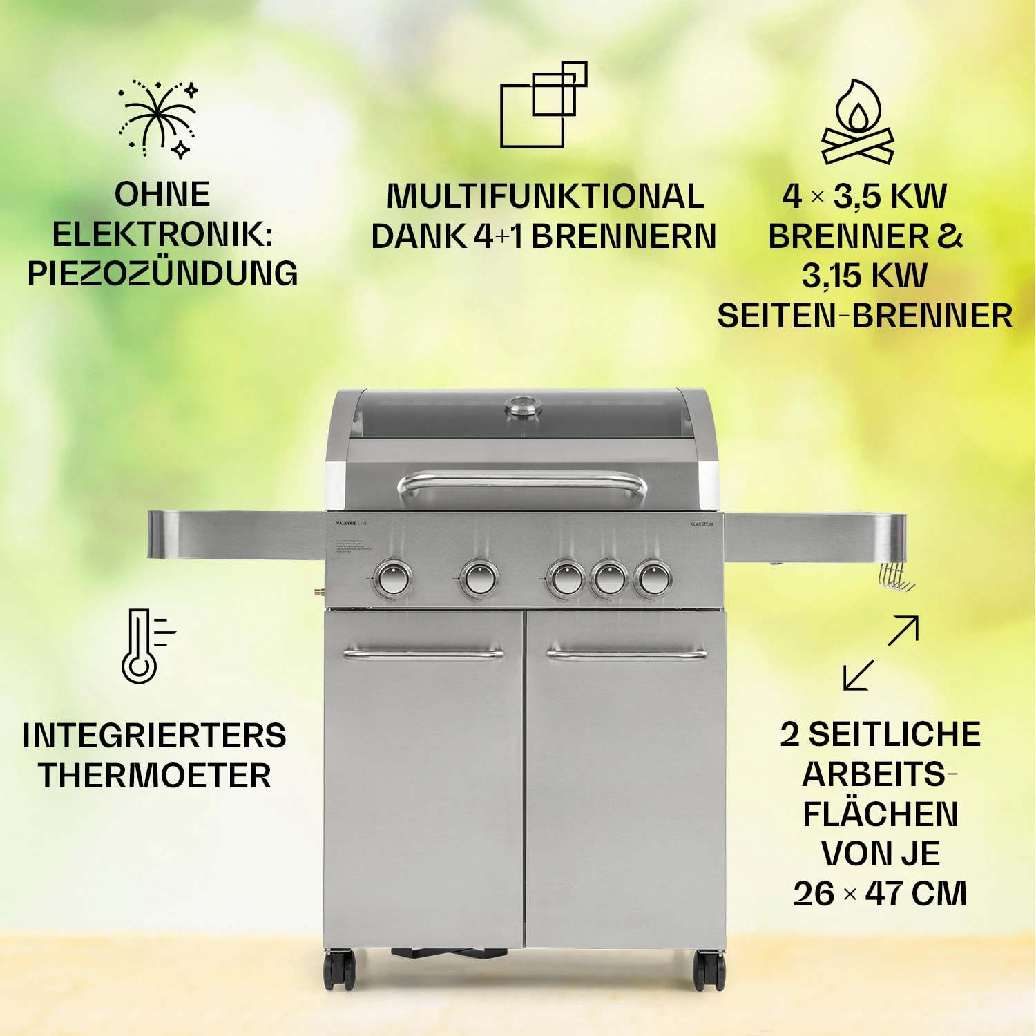Valkyrie Gasgrill 4x3,5 KW + 3,15 KW Brenner 74x44 Cm Grill Edelstahl 4 Valkyrie Gasgrill 4x3,5 KW + 3,15 KW Brenner 74x44 Cm Grill Edelstahl – Bild 2