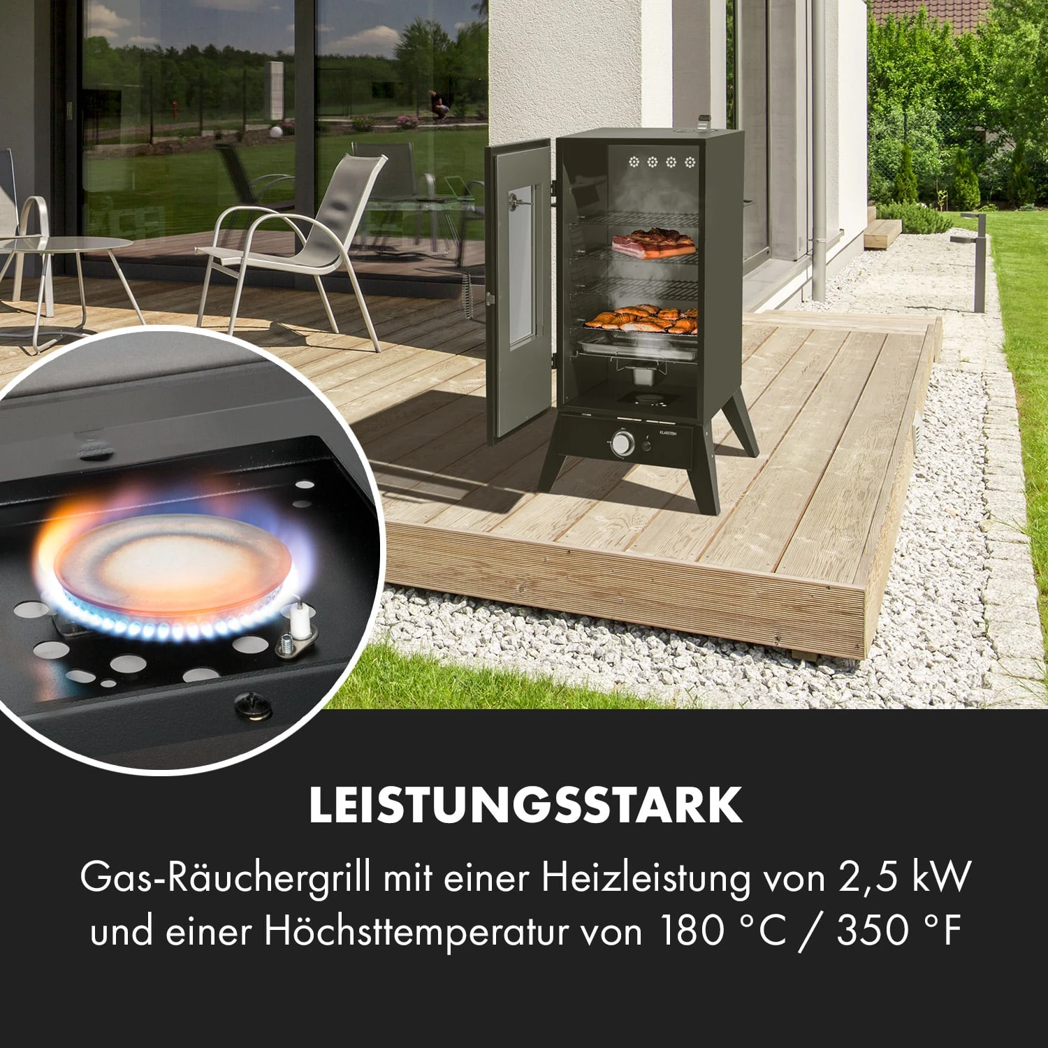 Pasadena Gas-Räuchergrill 2,5 KW Heizleistung 180 °C / 350 °F Max. 4 Pasadena Gas-Räuchergrill 2,5 KW Heizleistung 180 °C / 350 °F Max. – Bild 2