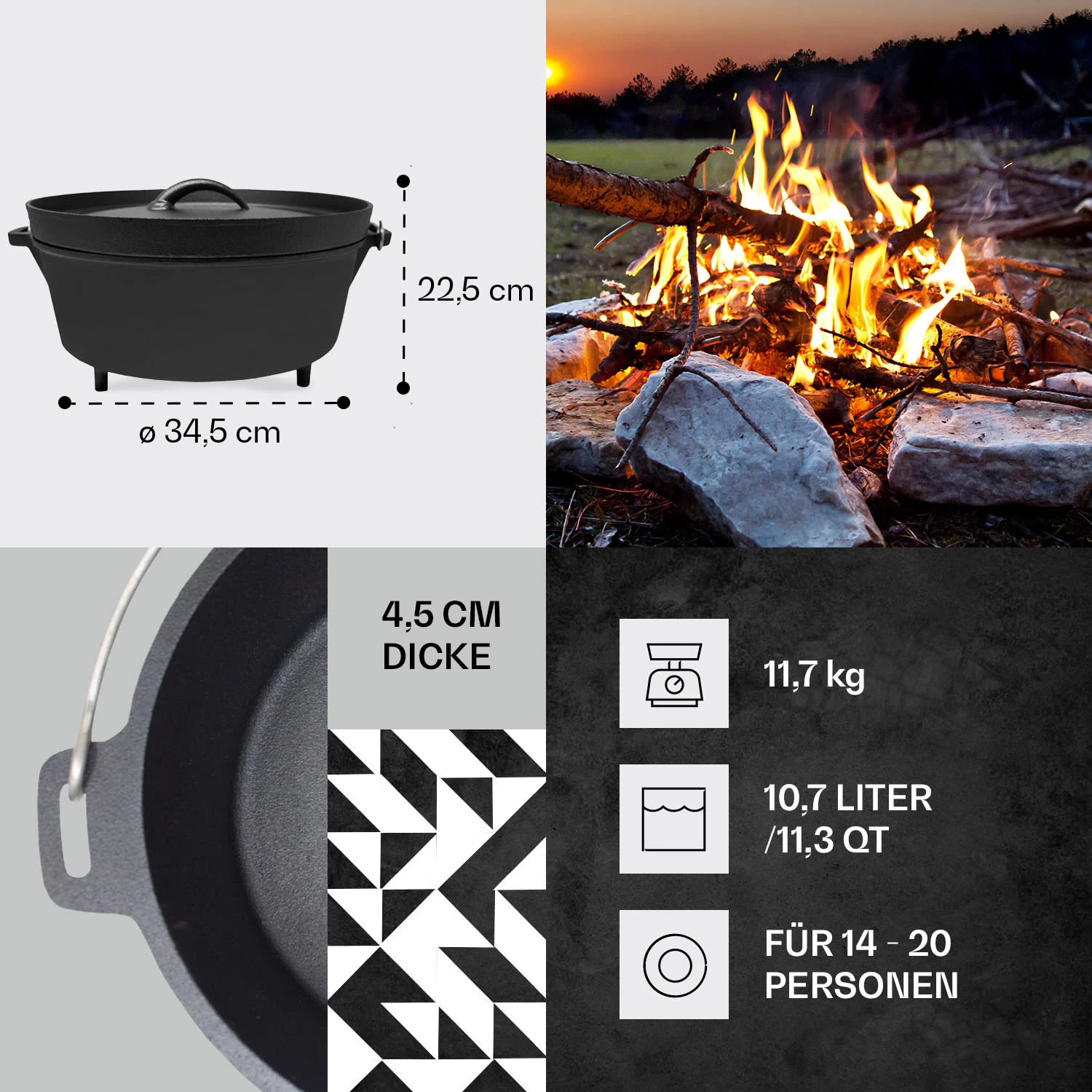 Galloway Dutch Oven 12.0 BBQ-Topf Gusseisen Standfüße Größe XL / 12 Qt 6 Galloway Dutch Oven 12.0 BBQ-Topf Gusseisen Standfüße Größe XL / 12 Qt – Bild 4